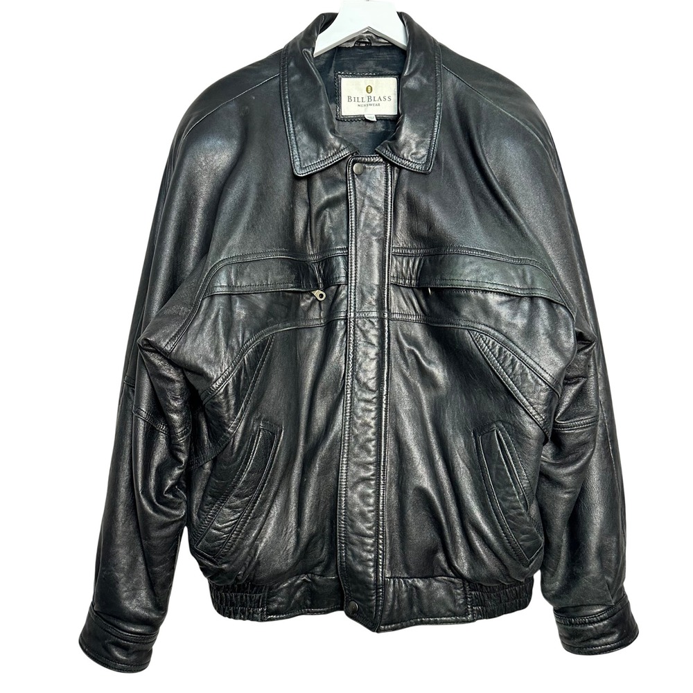 Vintage Bill Blass Mens Black Leather Bomber Jacket Zip Front Snap Cuffs XL